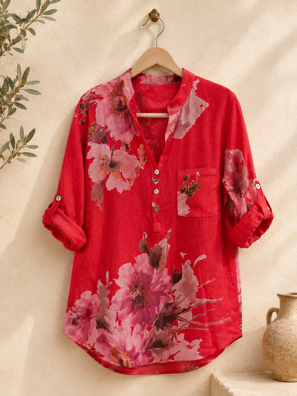 Coral Floral Pure Linen Shirt