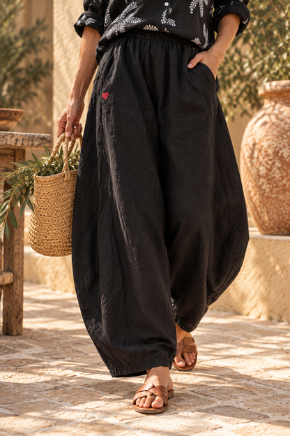Noir Pure Linen Barrel Pants