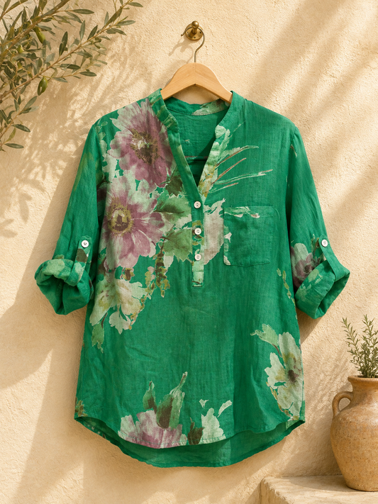 Emerald  Floral Pure Linen Shirt