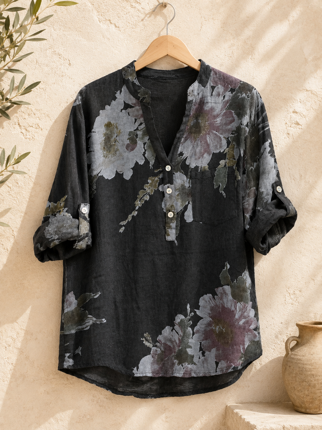 Noir Floral Pure Linen Shirt