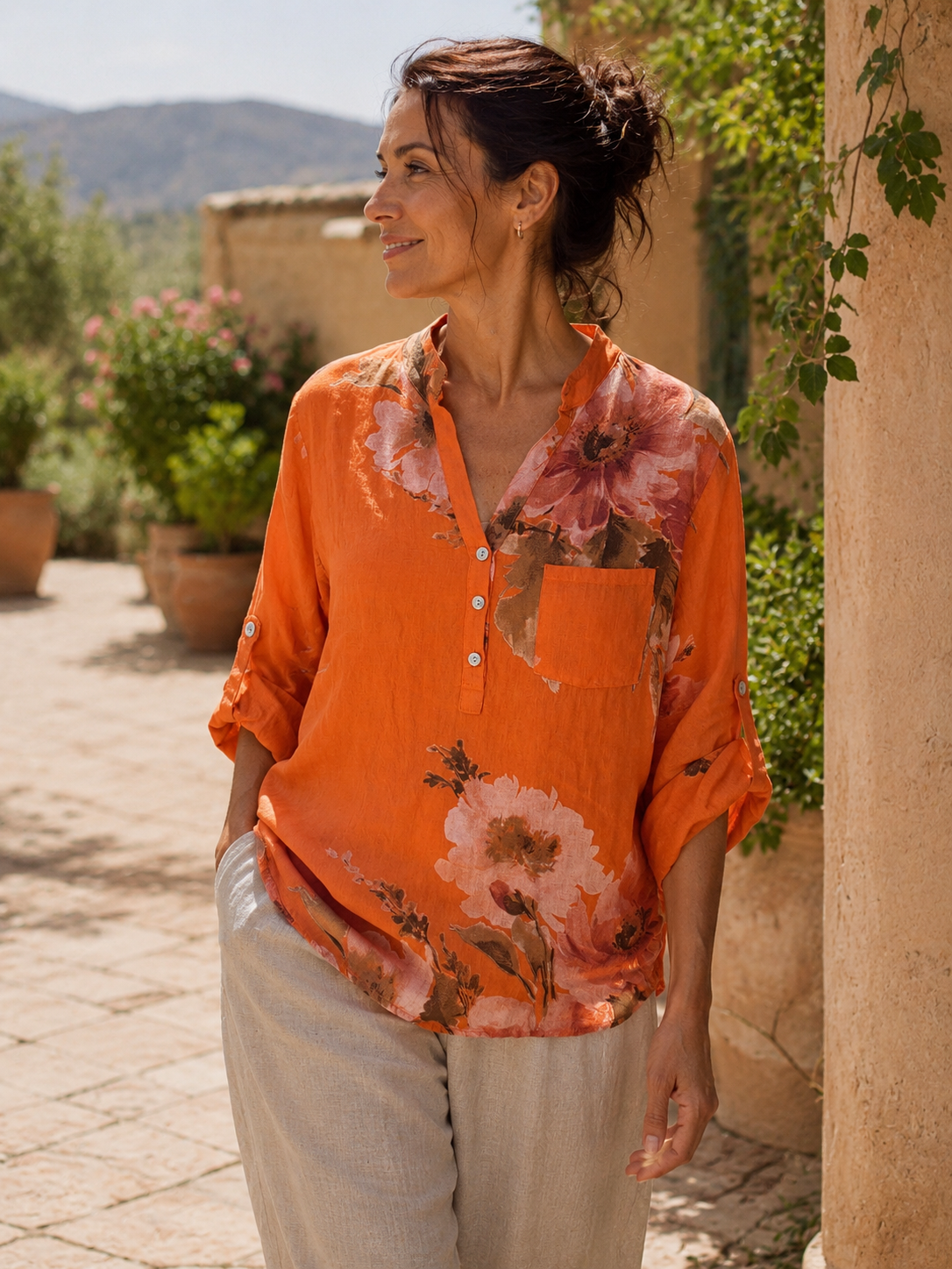 Orange Floral Pure Linen Shirt