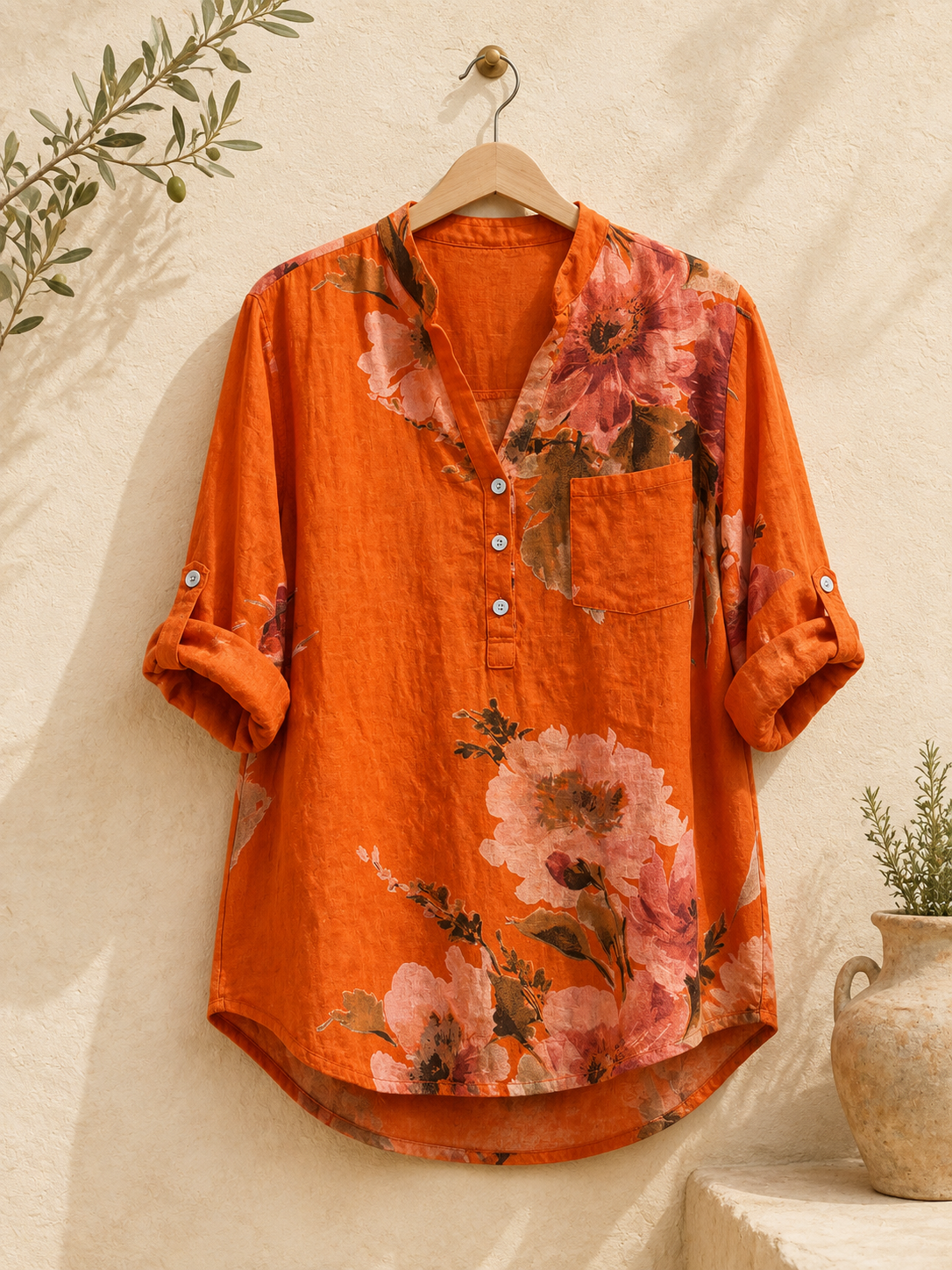 Orange Floral Pure Linen Shirt