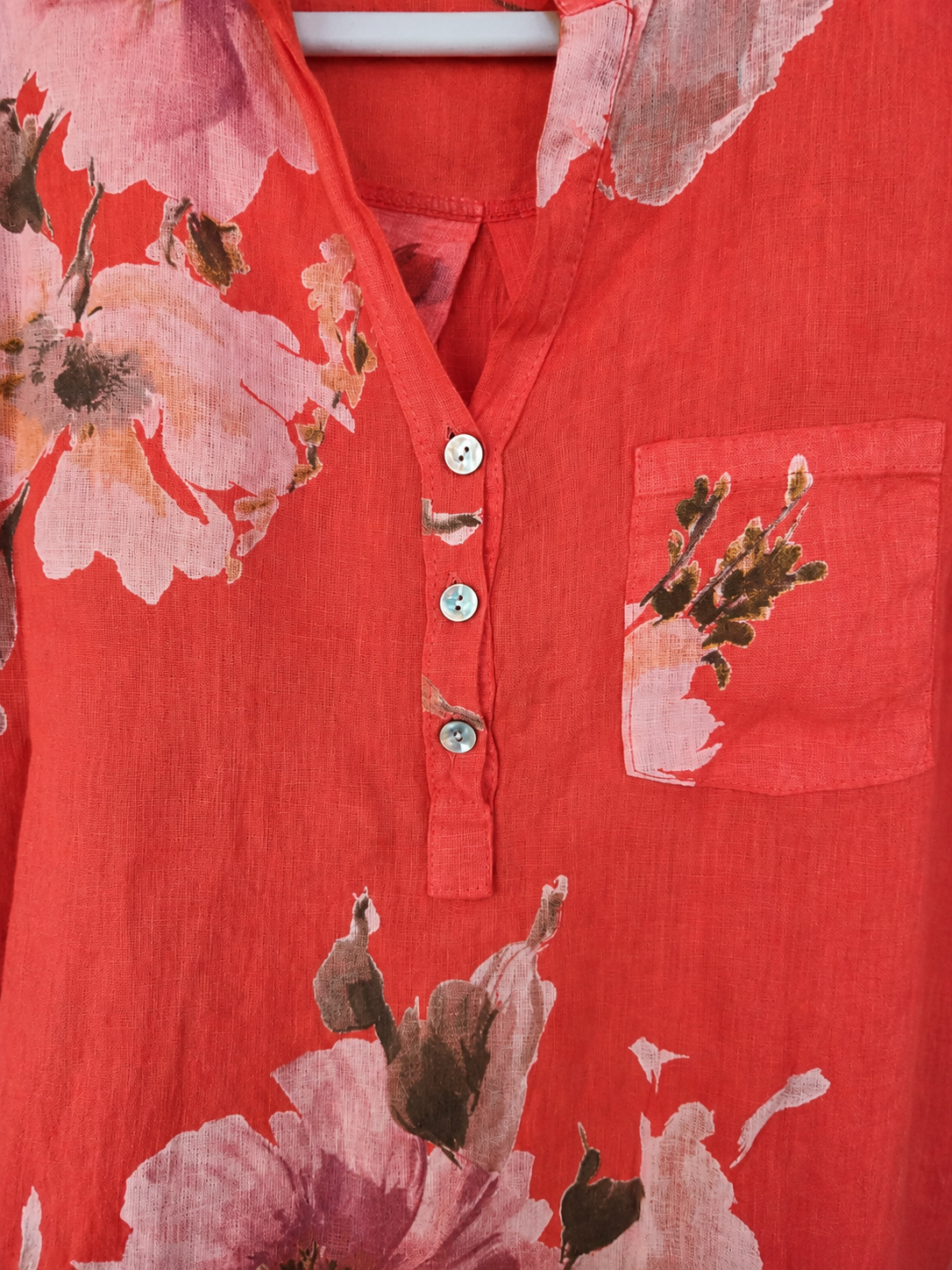 Coral Floral Pure Linen Shirt