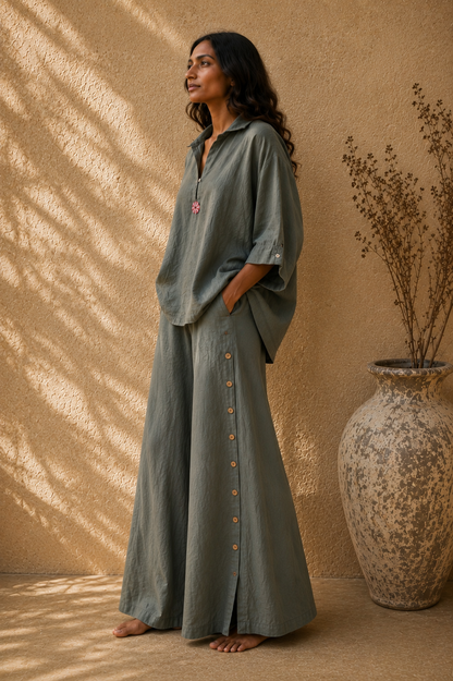Green Smoke Pure Linen Kaftan Shirt