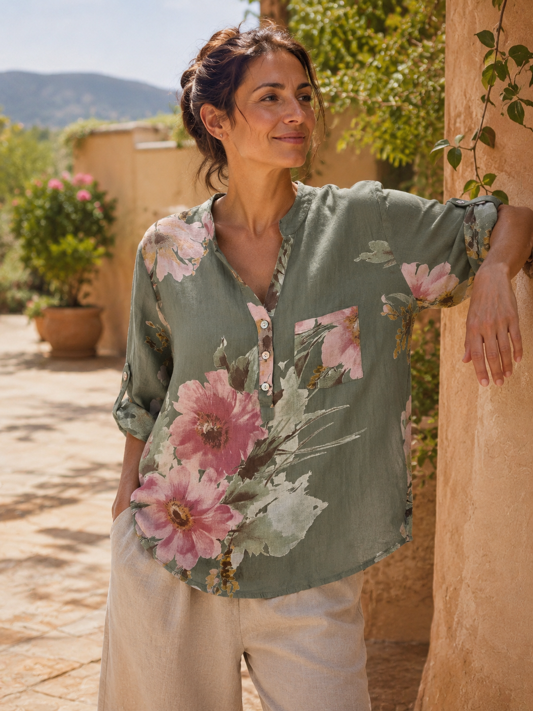 Smoke Floral Pure Linen Shirt