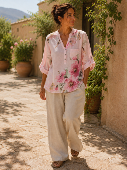 Rose Floral Pure Linen Shirt