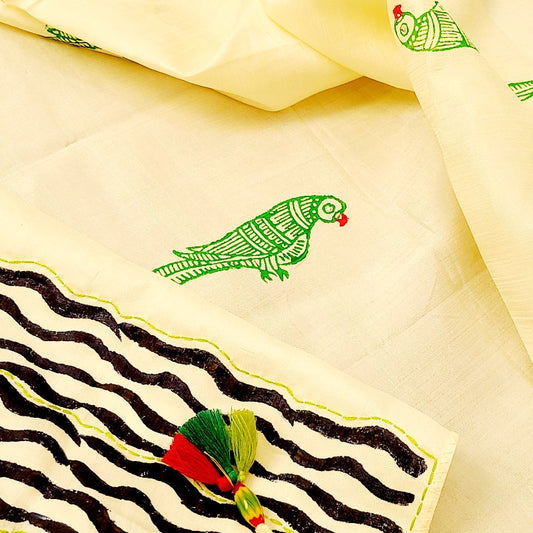 Parrot Block Printed Organic Silk Scarf