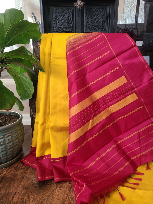 Yellow Kanjeevaram Silk Saree With Red Korvai Border - Tulsi Weaves