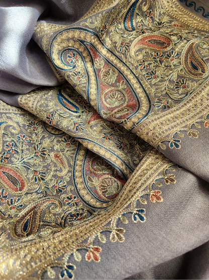 Sky Blue Woolen Zari Embroidered Stole