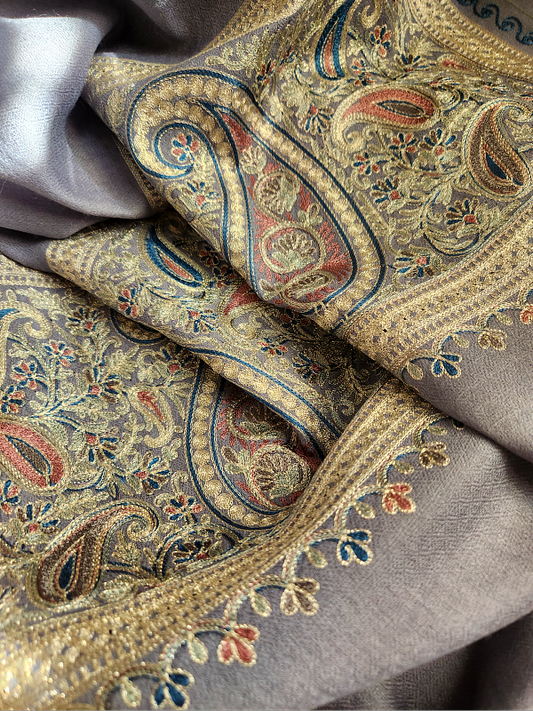 Sky Blue Woolen Zari Embroidered Stole