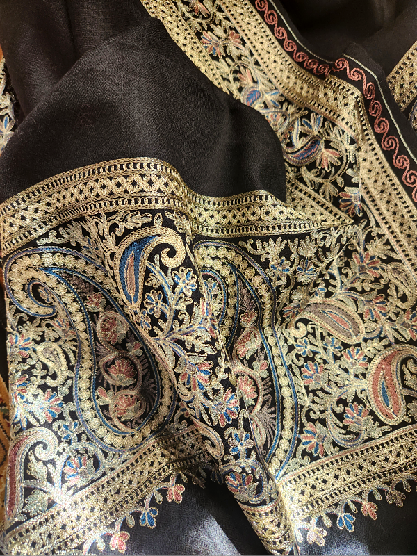 Black Woolen Zari Embroidered Stole