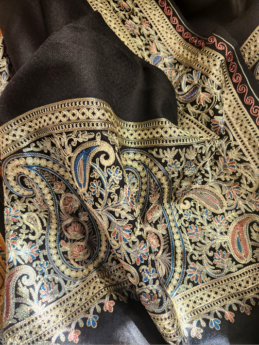 Black Woolen Zari Embroidered Stole