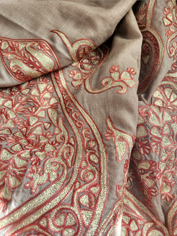 Fawn brown Woolen Zardozi Stole