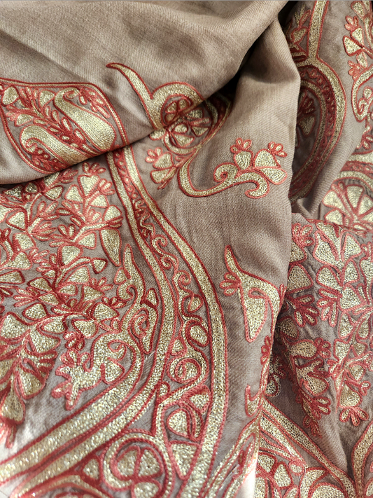Fawn brown Woolen Zardozi Stole