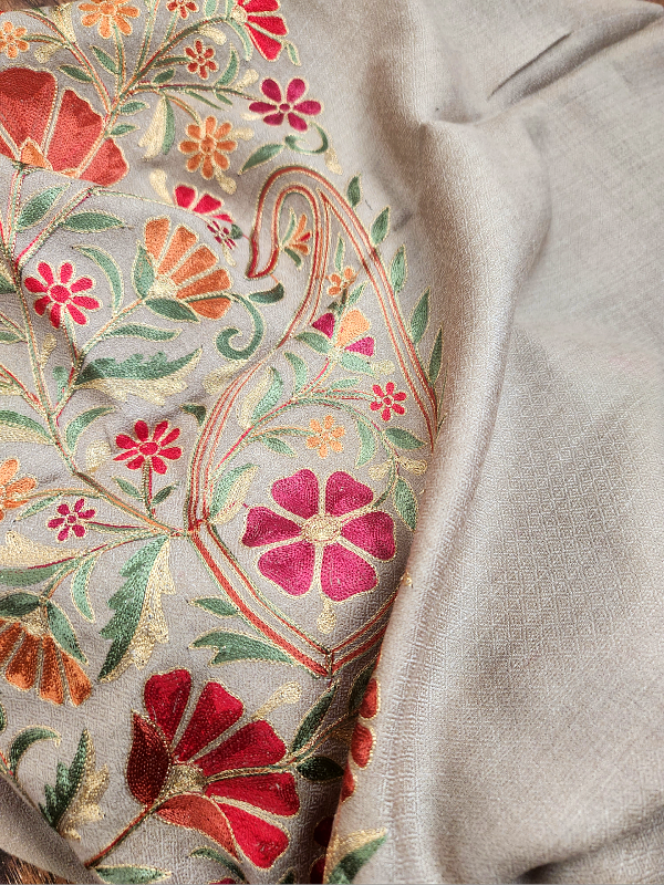 Dust Brown Woolen Zari Embroidered Stole