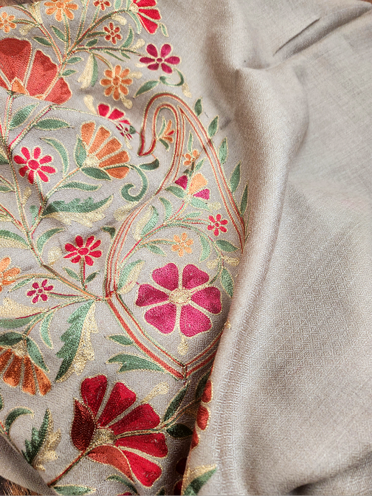 Dust Brown Woolen Zari Embroidered Stole
