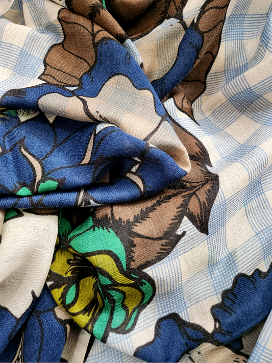 Blue Ivory Floral Plaid Woolen Shawl