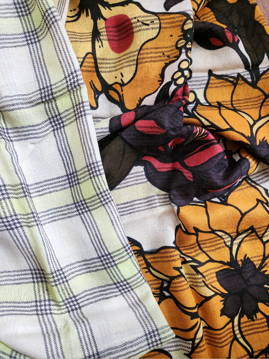 Yellow Ivory Floral Plaid Woolen Shawl