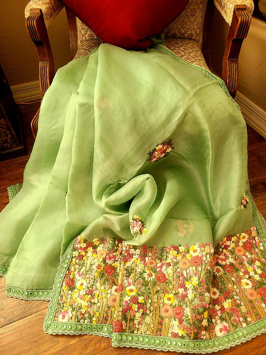 Tiffany Green Hand Embroidered Organza saree
