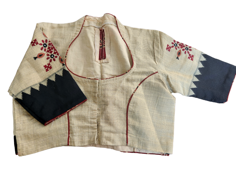 Khaki khadi silk Hand Embroidery Cotton Silk Blouse (Size 32-34)