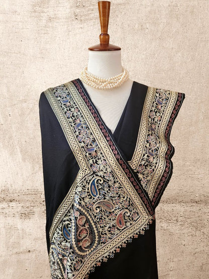 Black Woolen Zari Embroidered Stole