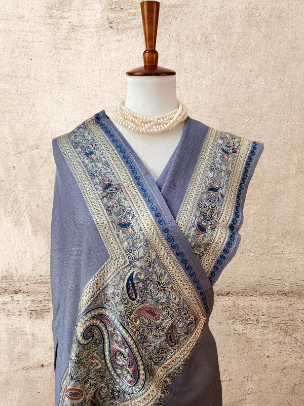 Sky Blue Woolen Zari Embroidered Stole