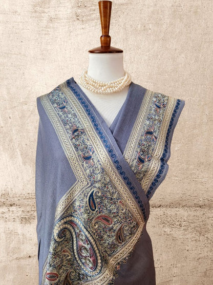 Sky Blue Woolen Zari Embroidered Stole