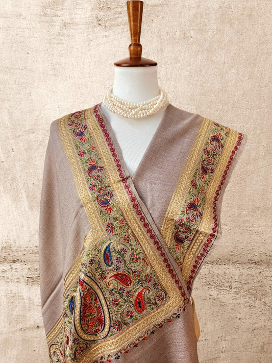 Soft Brown Woolen Zari Embroidered Stole