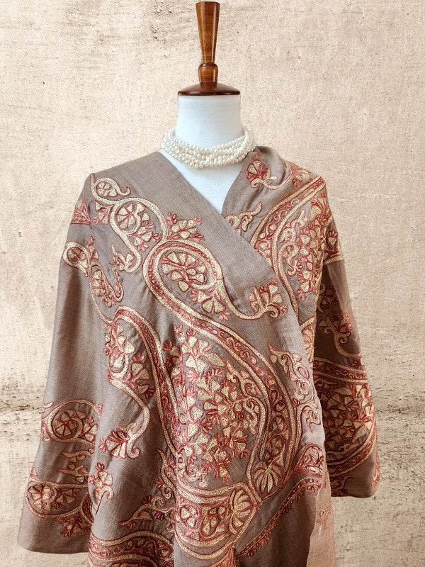 Fawn brown Woolen Zardozi Stole