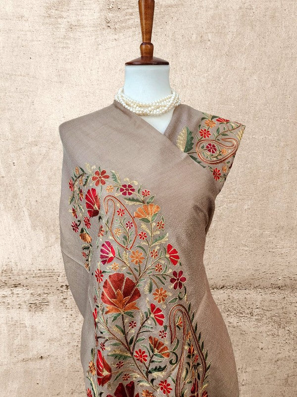 Dust Brown Woolen Zari Embroidered Stole