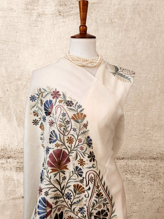 Ivory Woolen Zari Embroidered Stole