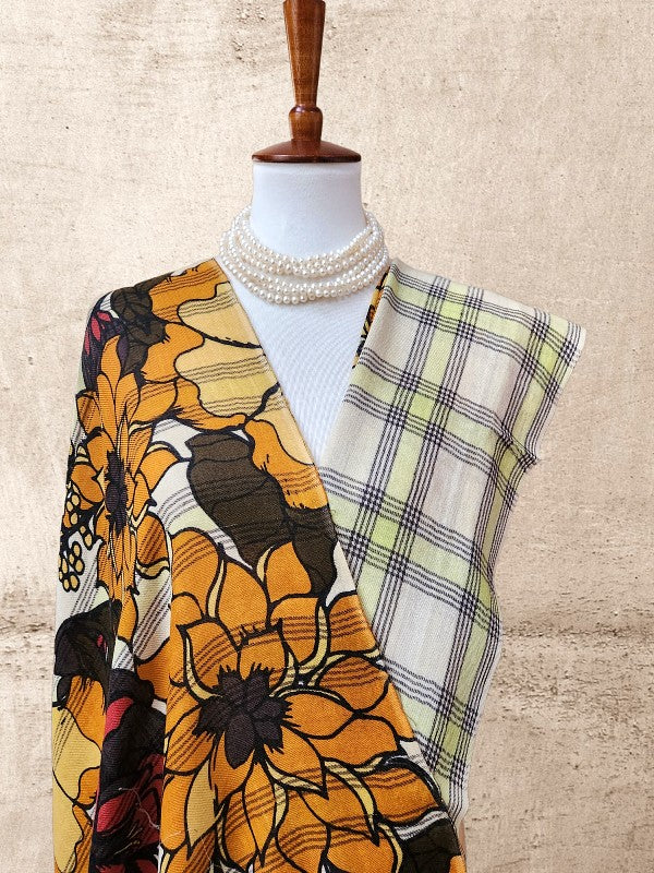 Yellow Ivory Floral Plaid Woolen Shawl