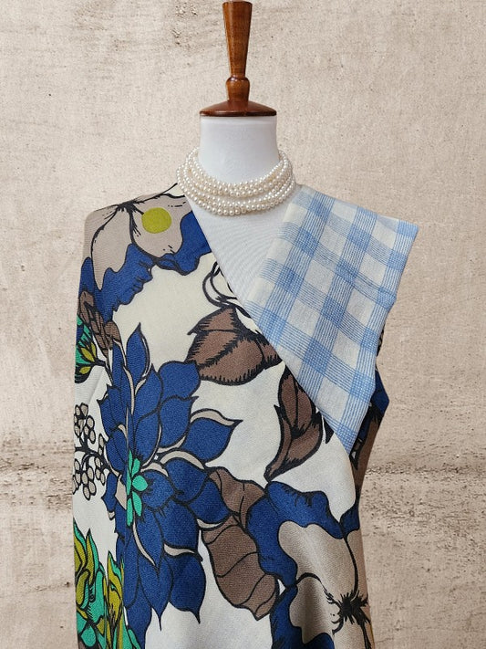 Blue Ivory Floral Plaid Woolen Shawl