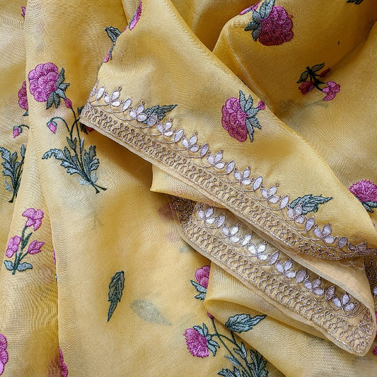 Yellow Embroidered and Gota Patti Organza Saree