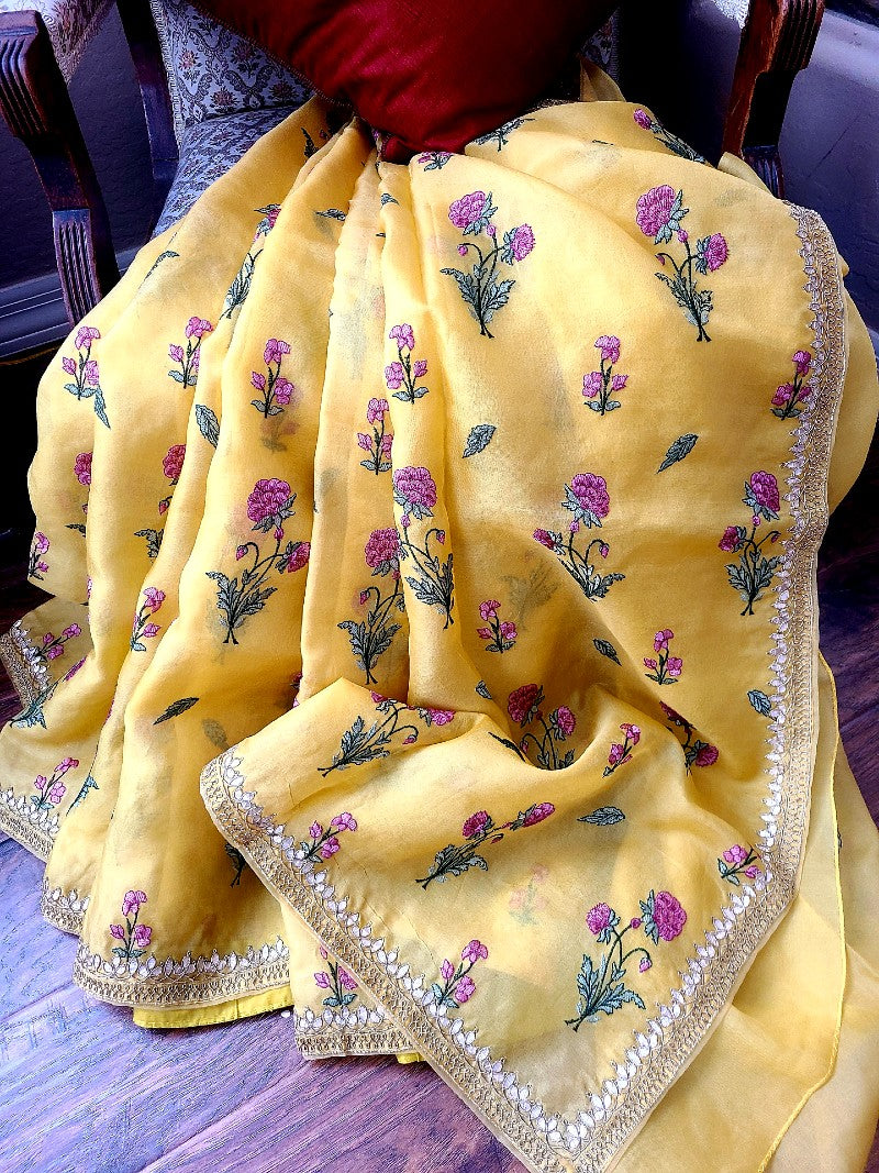 Yellow Embroidered and Gota Patti Organza Saree