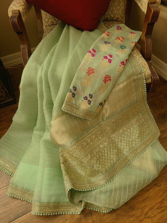 Mint Green Zardozi Organza Saree