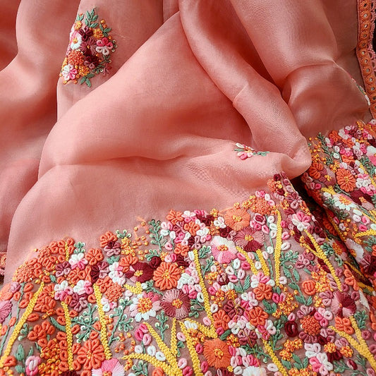 Pale Nude Peach Hand Embroidered Organza Saree