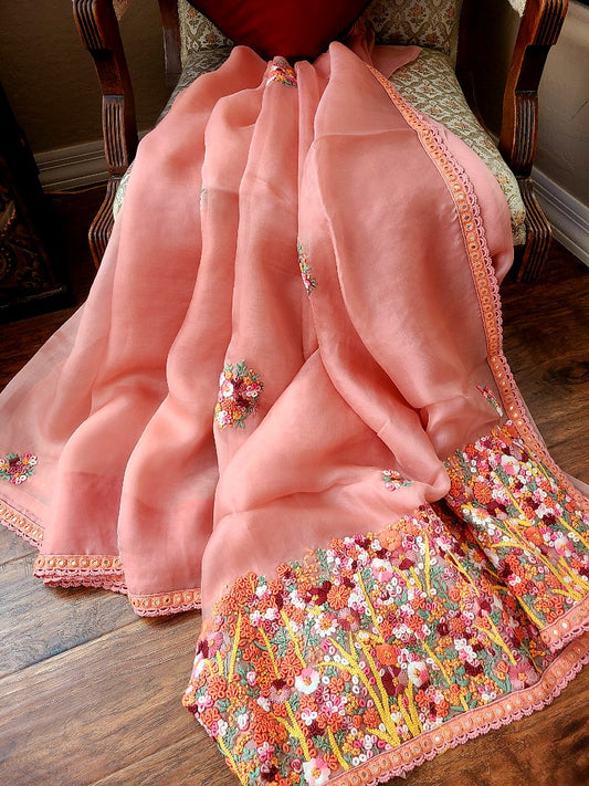 Pale Nude Peach Hand Embroidered Organza Saree